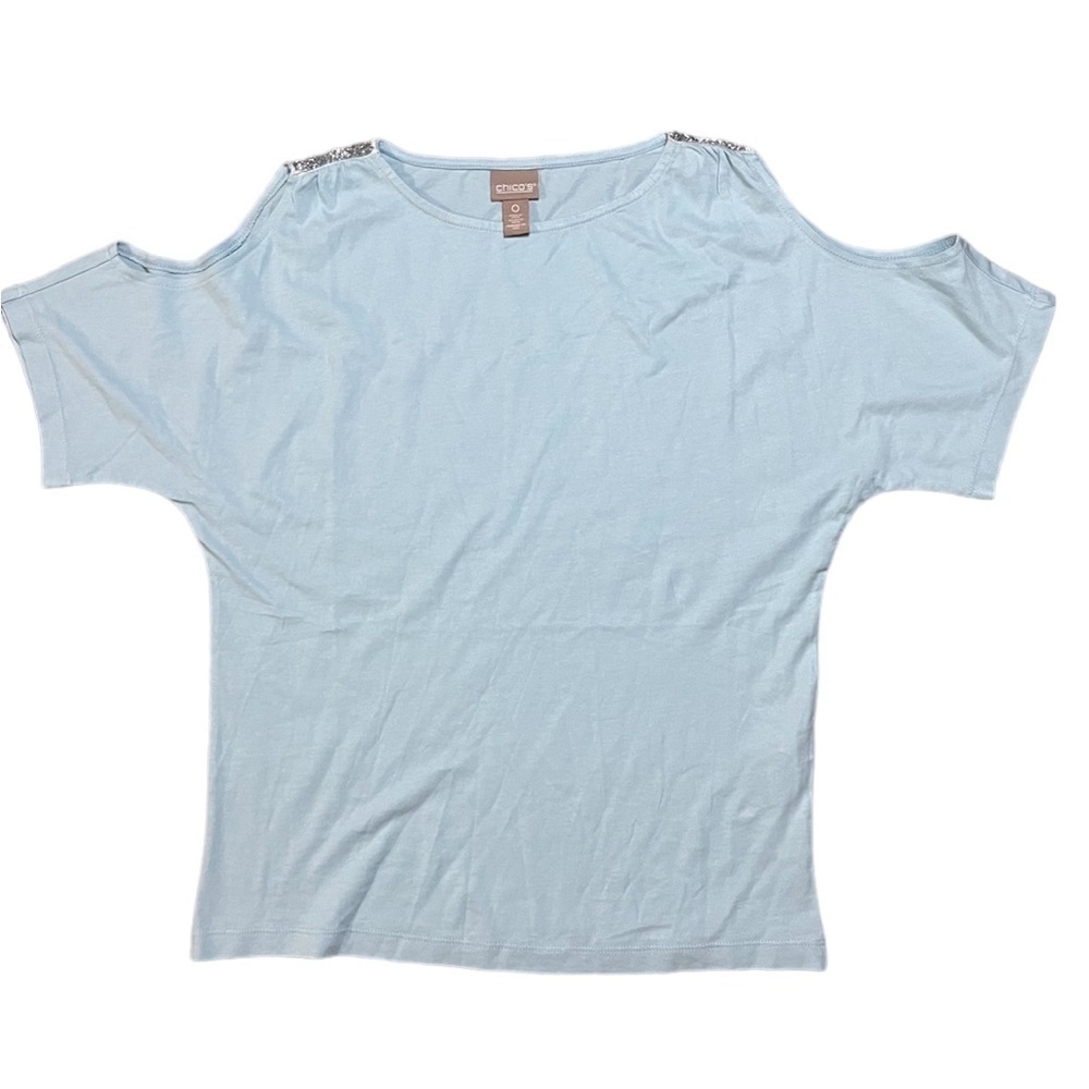 Chico’s Womens Light Blue Cold Shoulder Embellished Shoulder Size Small